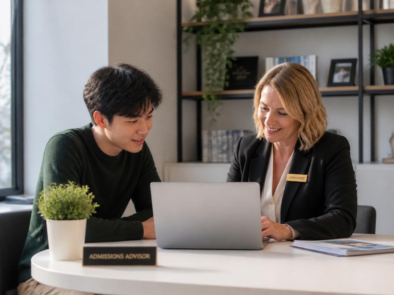 Student working with an adviser on application documents
