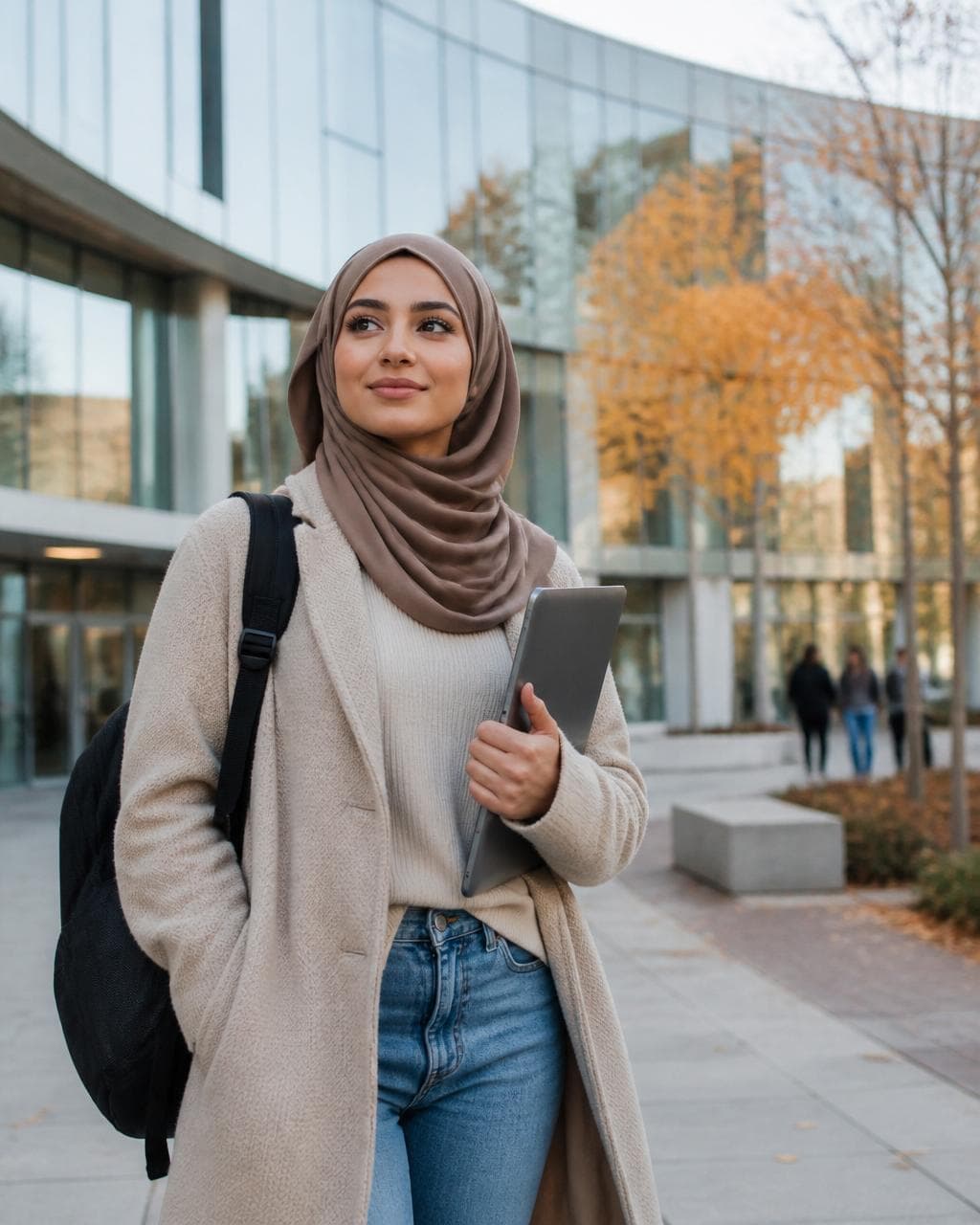 International student in hijab on a UK university campus